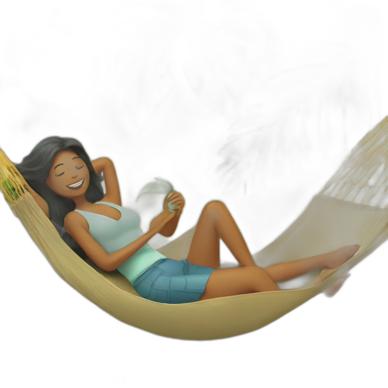 a man is laying in hammock and a woman is fanning him with palm leaf emoji