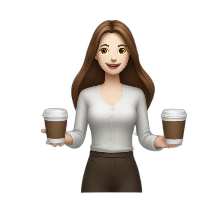 woman juggler with long straight brown hair and pale skin juggling coffee cups and miniature laptops emoji