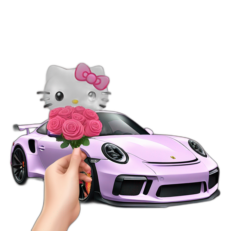 Hello kitty in porsche 911 gt3rs and bouquet of rose red in the hand emoji
