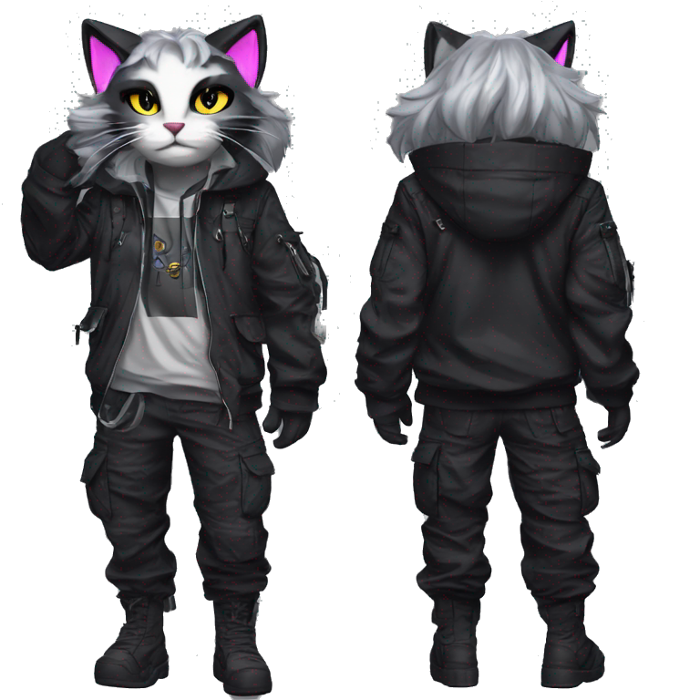 Edgy Anthro cool pretty shiny dark cat-fursona techwear cargo pants hoodie emoji