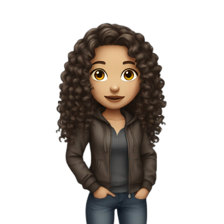 a girl white skin with long dark brown curly hair and skin clear with street wear emoji