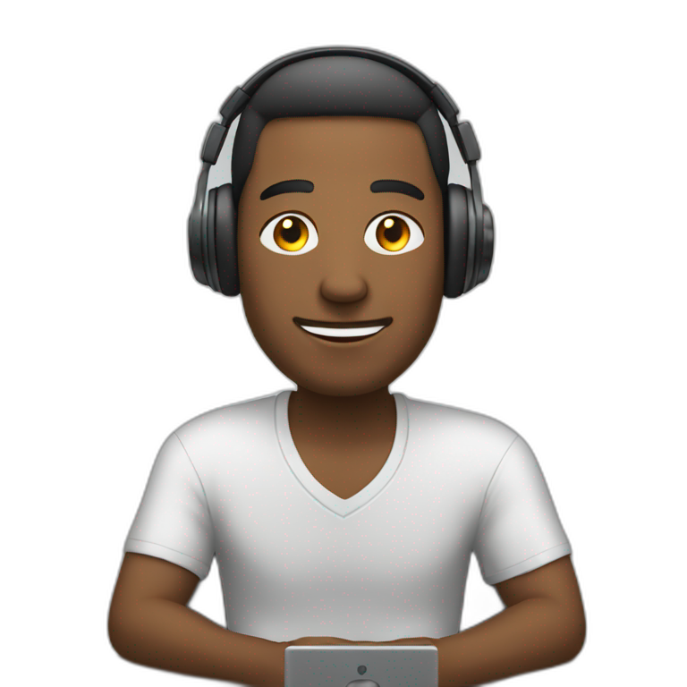 man with headphones sitting relaxed with a desk in front of him emoji