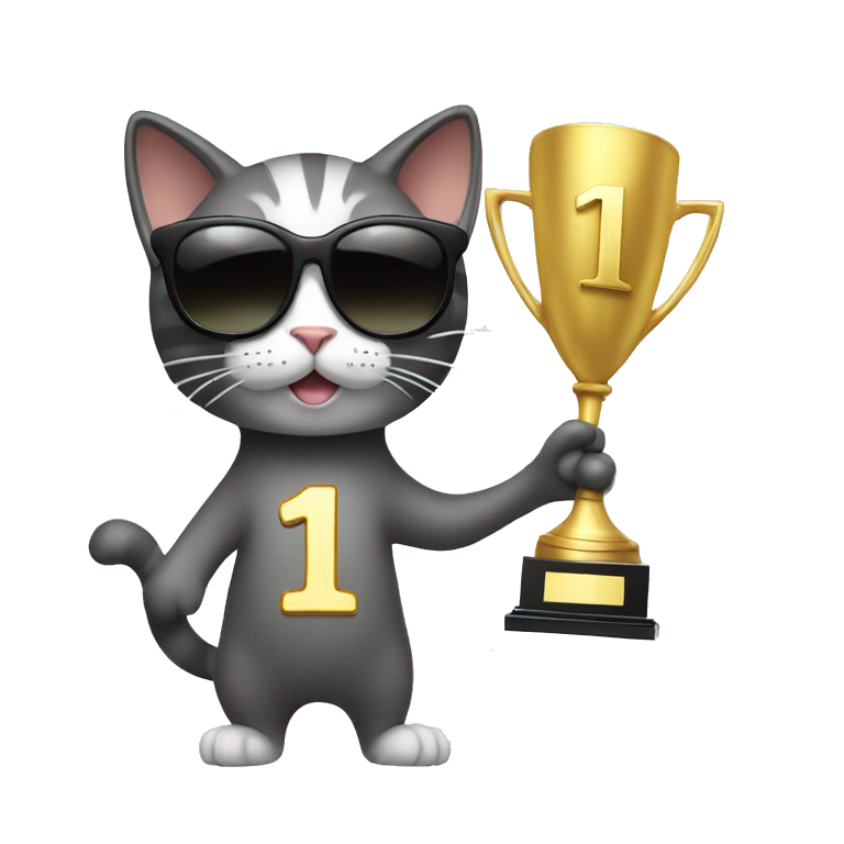 cat wearing sunglasses holding up a number ten trophy emoji