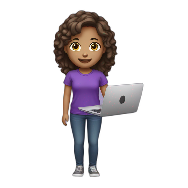 light skin girl long dark brown hairs with laptop, purple t-shirt emoji