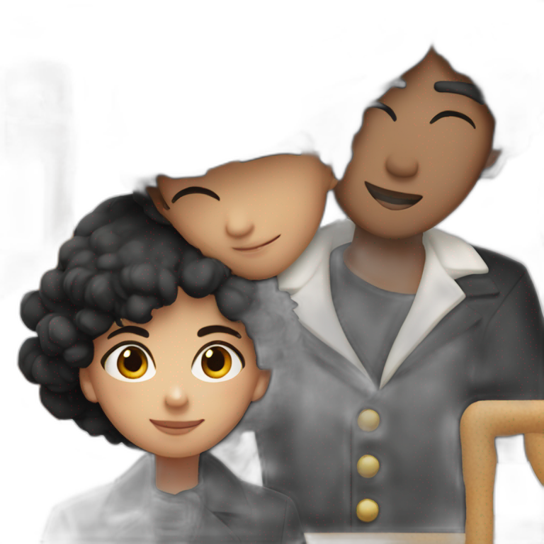 Fair thin boy dressed black coat and black hat and lightly tanned girl in white coat hugging emoji