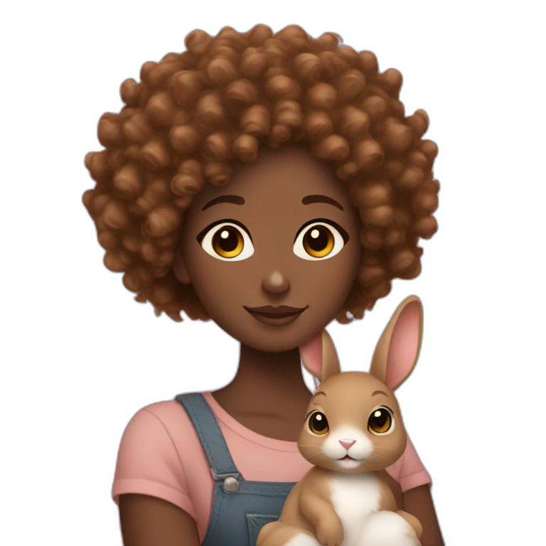 black woman with sparkly brown curly hair holding cute floppy eared light brown bunny emoji