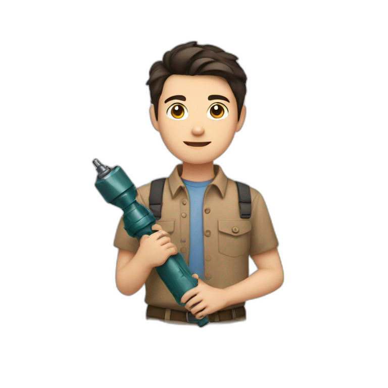 short dark hair white young boy in brown button up shirt with a tshirt under holding a drill emoji