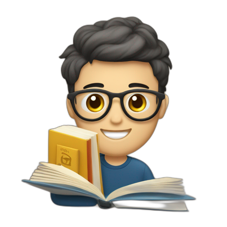 joven estudiante sentado sobre sus libros que son muchos y con un libro en sus manos y sobre su cabeza, de piel blanca y con su mascota emoji