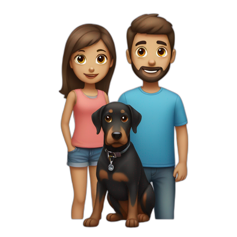 A boy with beard and with a beautiful girl with a boy Doberman dog emoji