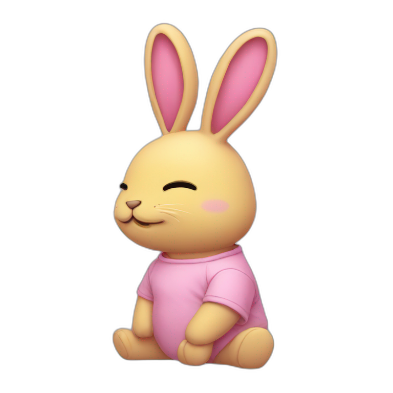 rabbit pink closed eyes, wears teeshirt yellow emoji