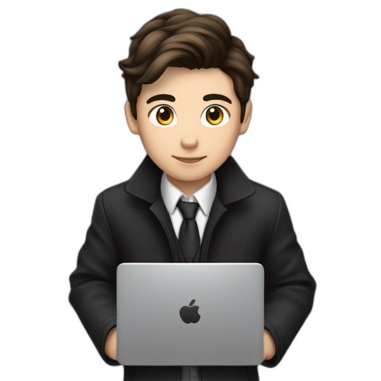 Classy programmer, 13 years old, coat, formal outfit, pc in hands, brunette boy, uses pc stays on pc, black coat, has pc in hands, all body see emoji