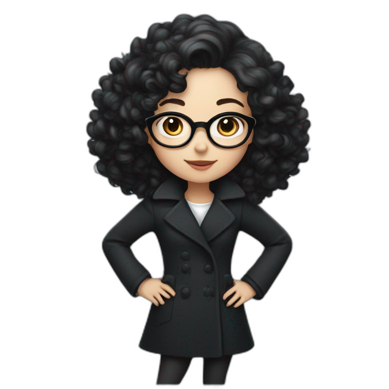 Full length girl in Black coat with glasses with gray-blue eyes, white skin and curly black hair and aristocratic high cheekbone emoji