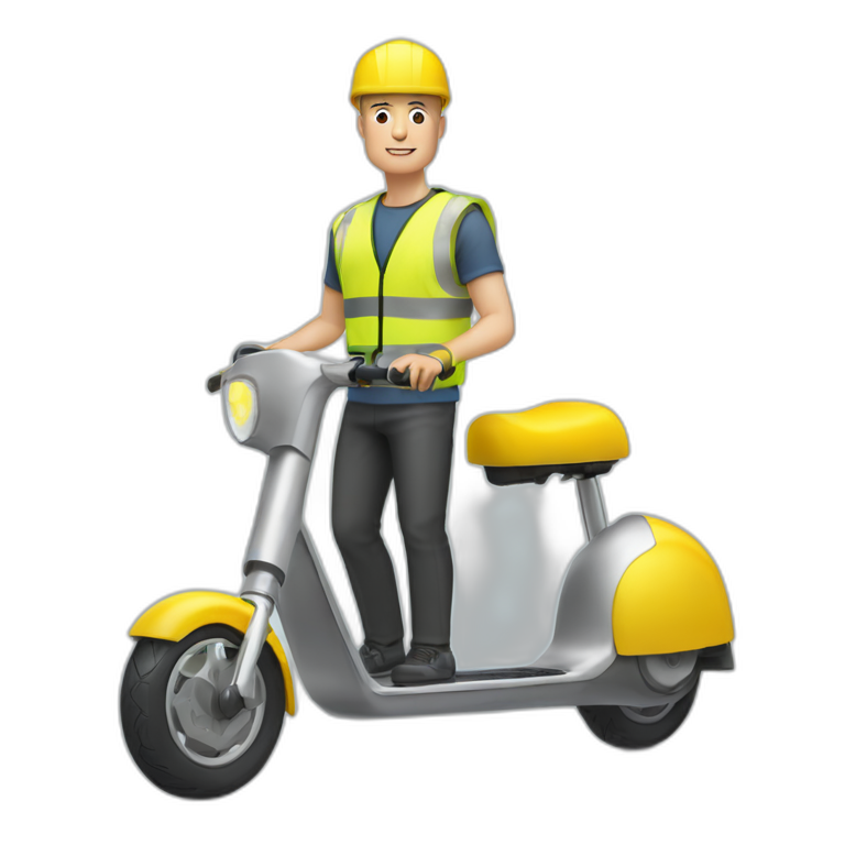 a bald white man with a yellow safety vest with a yellow bicycle helmet on a xiaomi e-scooter emoji