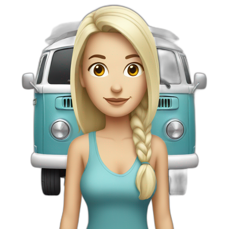 Hip white woman with a Volkswagen camper van emoji
