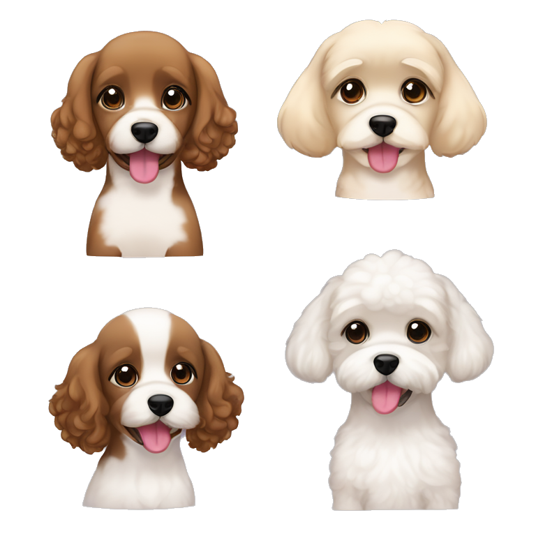 a young spanish woman with brown wavy hair bob cut and 1 little dog black with floppy ears, other black with ears up, bichon maltes and other color blonde floppy ears and showing tongue  emoji