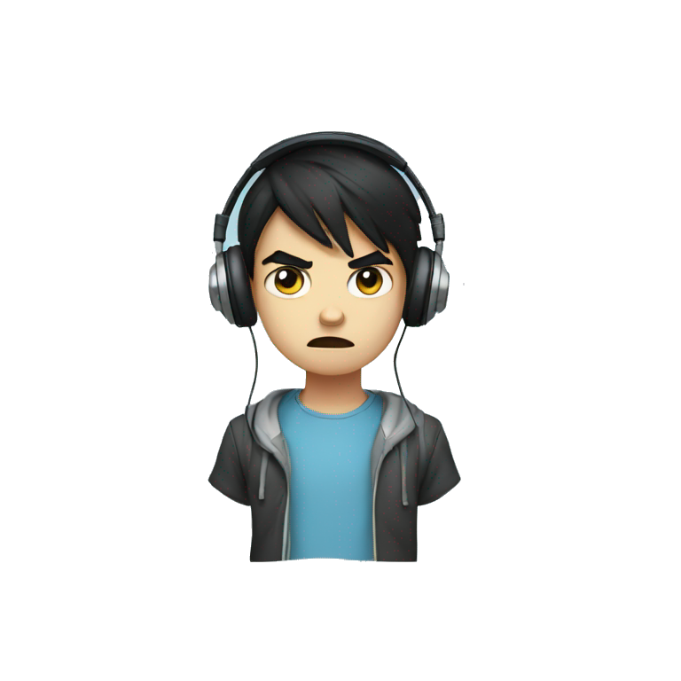 angry tween boy with black hair, light blue eyes, and headphones emoji