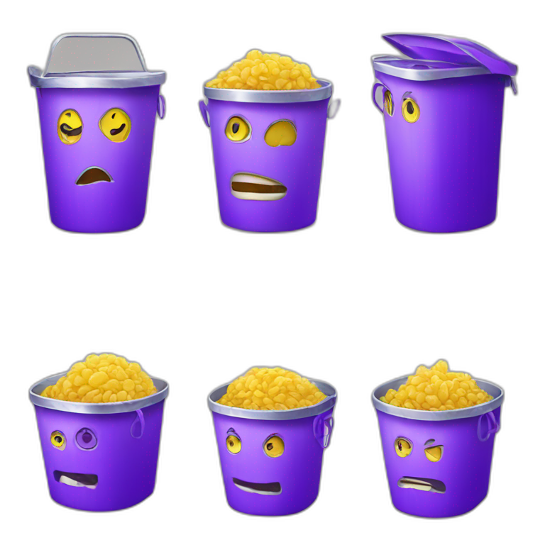 a silver trash bin, smiley face, purple brain emoji