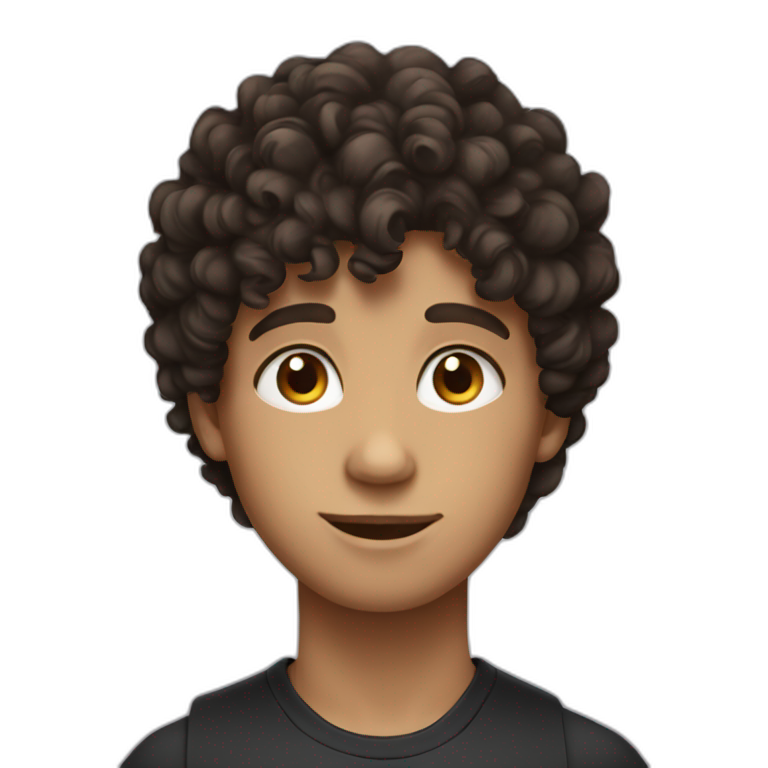 brunette boy with curly hair, eyes black emoji