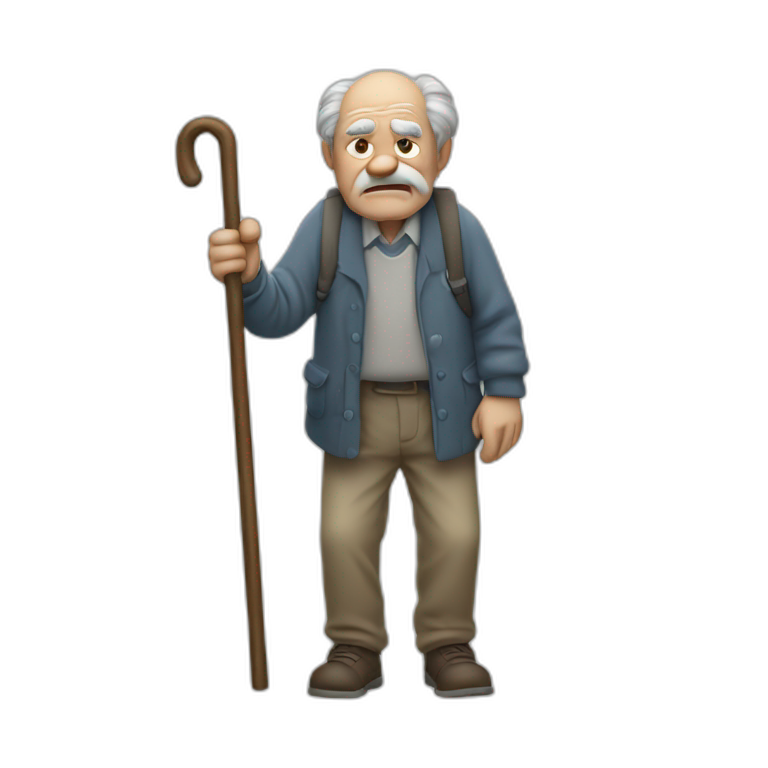 Old man leaning on a walking cane and holding his back with his hand grumpy face, detailed emoji