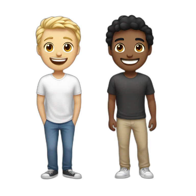 Gay couple, 1 guy Latino black straight hair and 1 Australian white guy with blonde slightly curly hair laughing full body. Also a cat emoji