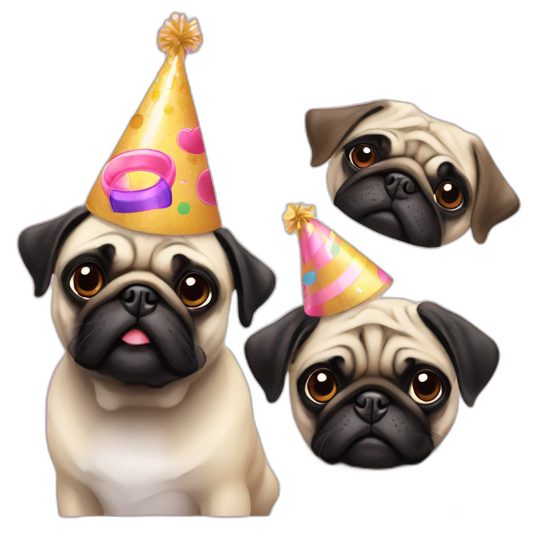 One pug and one black pug with birthday hat emoji
