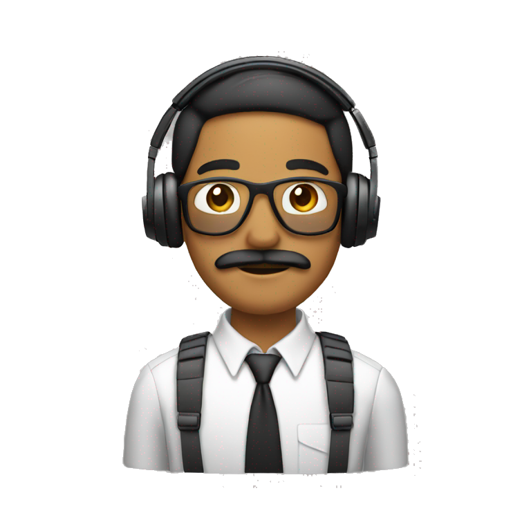 Make a brown man with mustache and with wired headphones and a computer and wearing a shirt  emoji