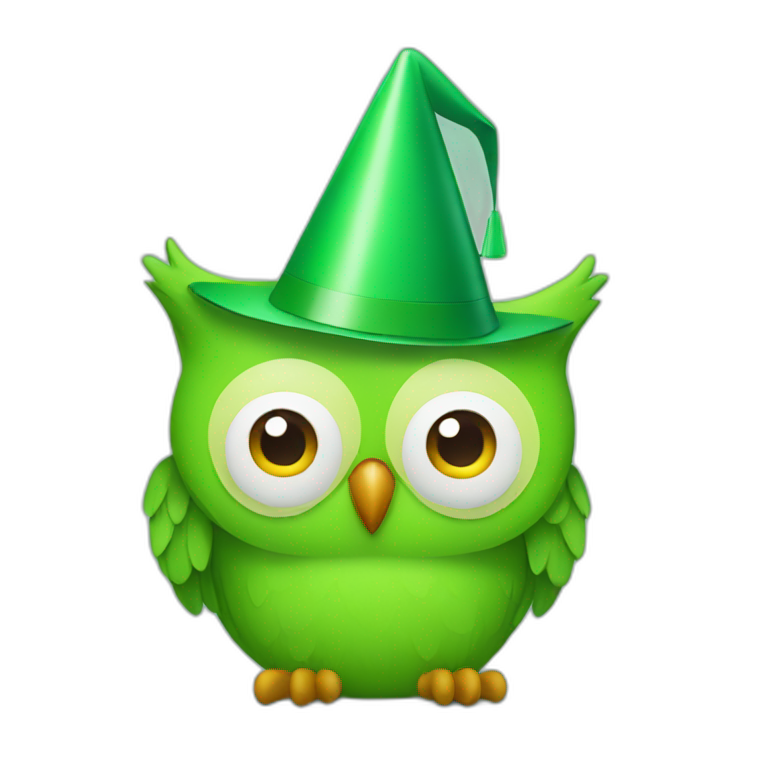 an green owl with a party hat emoji