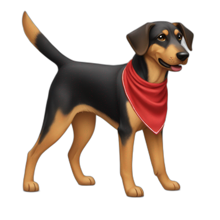 coonhound and German shepherd mix dog wearing red bandana and walking left emoji