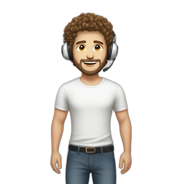 white guy with curly hair brun guy with white headphone and short beard emoji