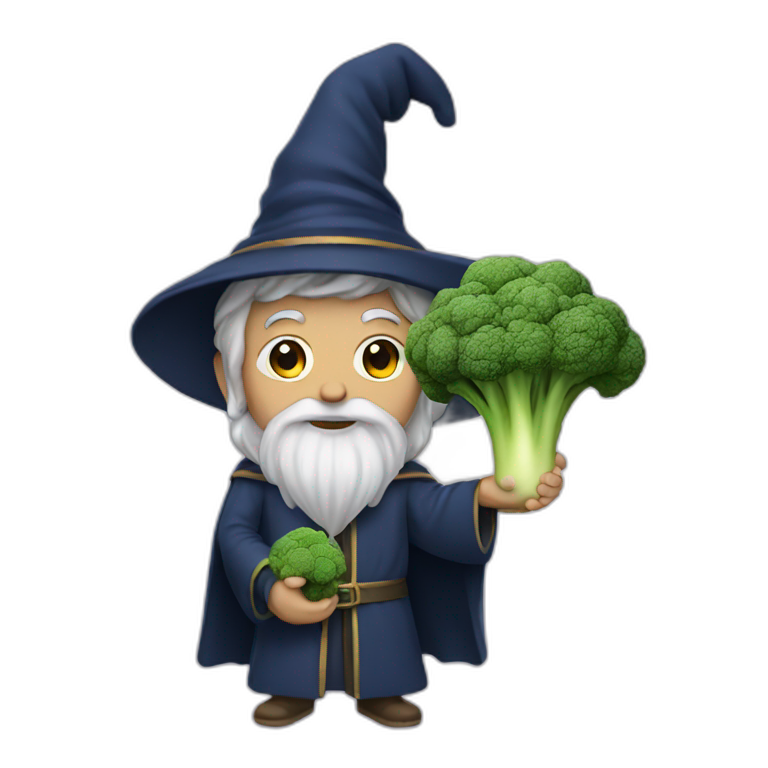 A wizard holding a broccoli emoji