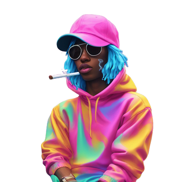 Multicoloured neon Vaporwave person smoking wearing hoodie dancing hip hop bucket hat tropical Skater fashion aesthetic baggy clothes graphic t shirt 420 emoji AI Emoji Generator