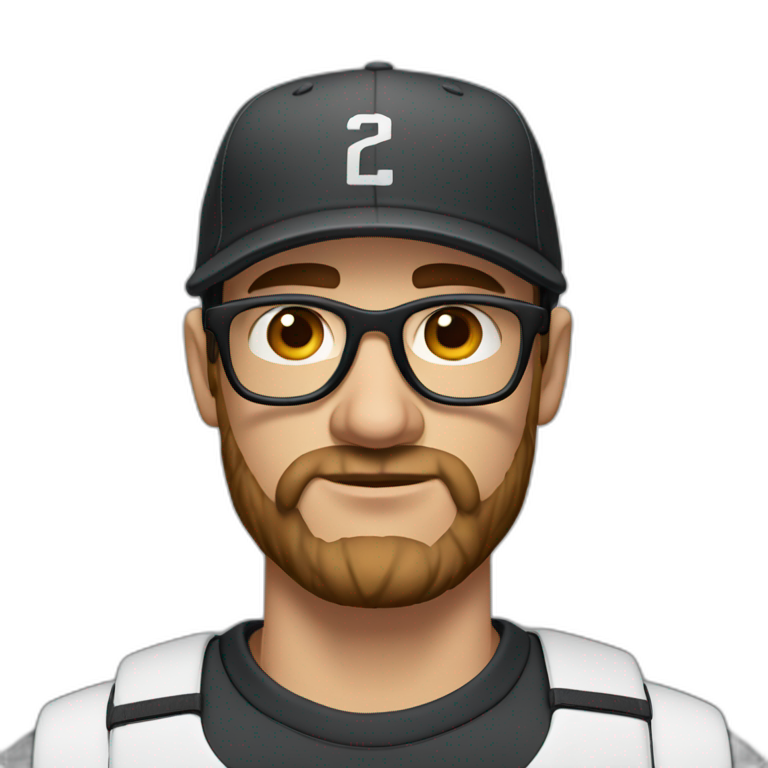 White man with brown hair and a brown beard, has thick eyebrows is wearing black sight glasses. Big nose. Half closed brown eyes. Wearing a Nike cap. Serious expression emoji