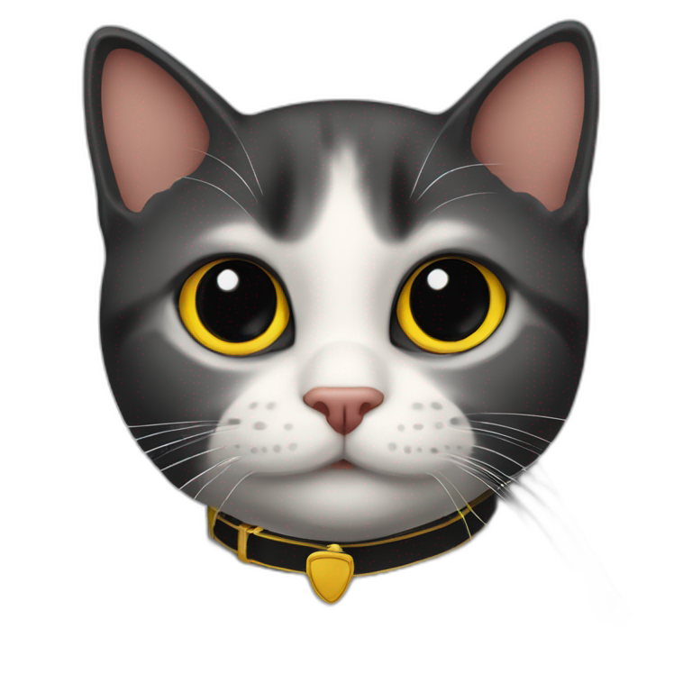 Gato negro con ojos amarillos mirando juzgando, con un collar que diga salem emoji
