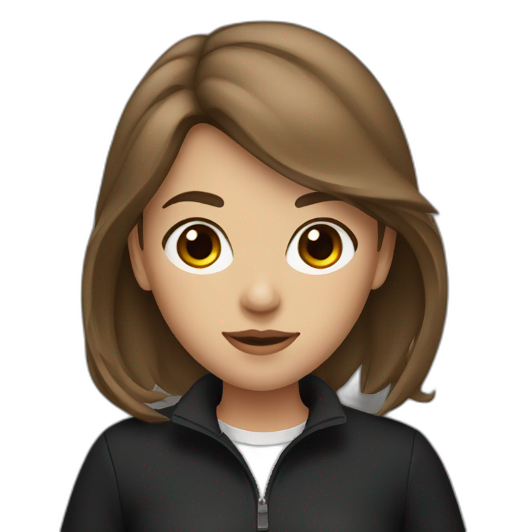 A girl with brown eyes and brown hair in a black golf and a black jacket emoji