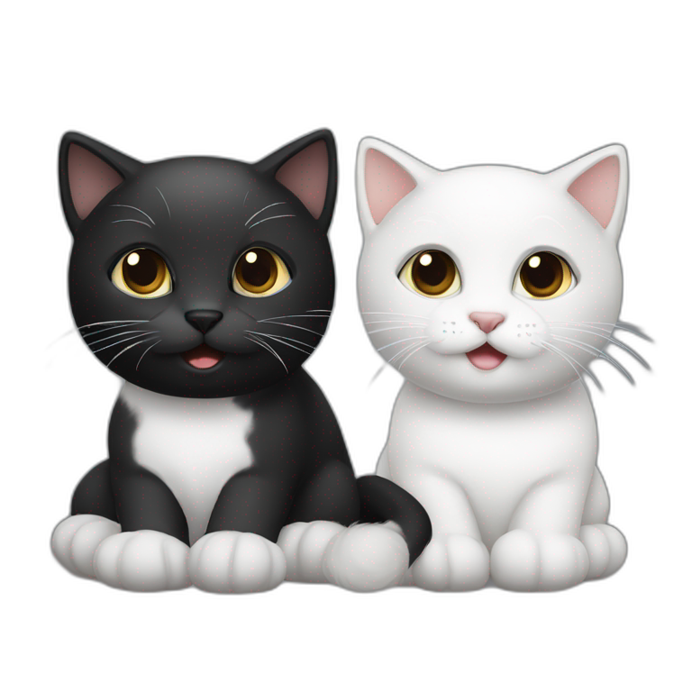 two cute cats, one white, white, black one black, black, white emoji