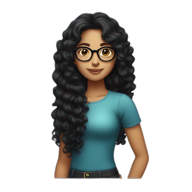 tanned girl with long black curly hair and round glasses emoji