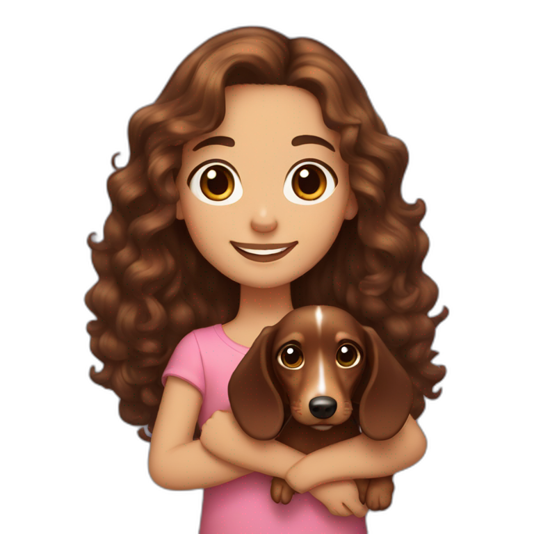 Girl long curly brown hair smiling and brown eyes with long eyelashes and holding a dachshund  in her arms emoji