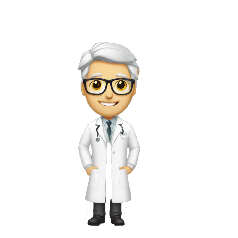 White pharmacist with gray hair in lab coat in gym with alters emoji