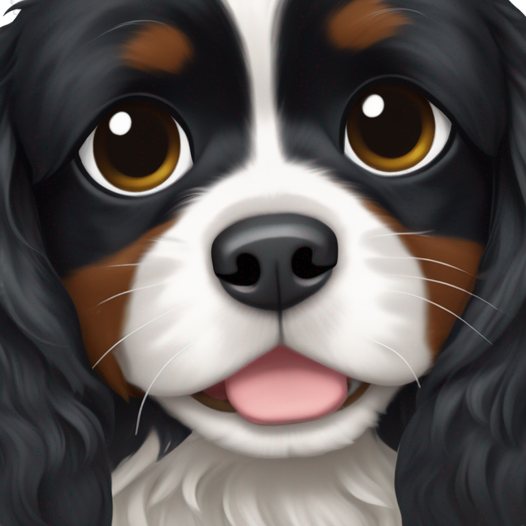 A small completely black Cavalier King Charles Spaniel mix with black wavy fur white markings on the chest and muzzle expressive eyes and a fluffy tail. emoji AI Emoji Generator