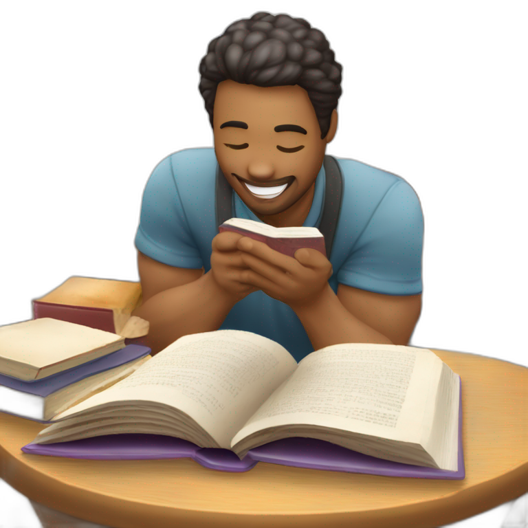 imagen estilizada de un estudiante riendose y saltand sacando fotocopias con un libro en sus manos emoji