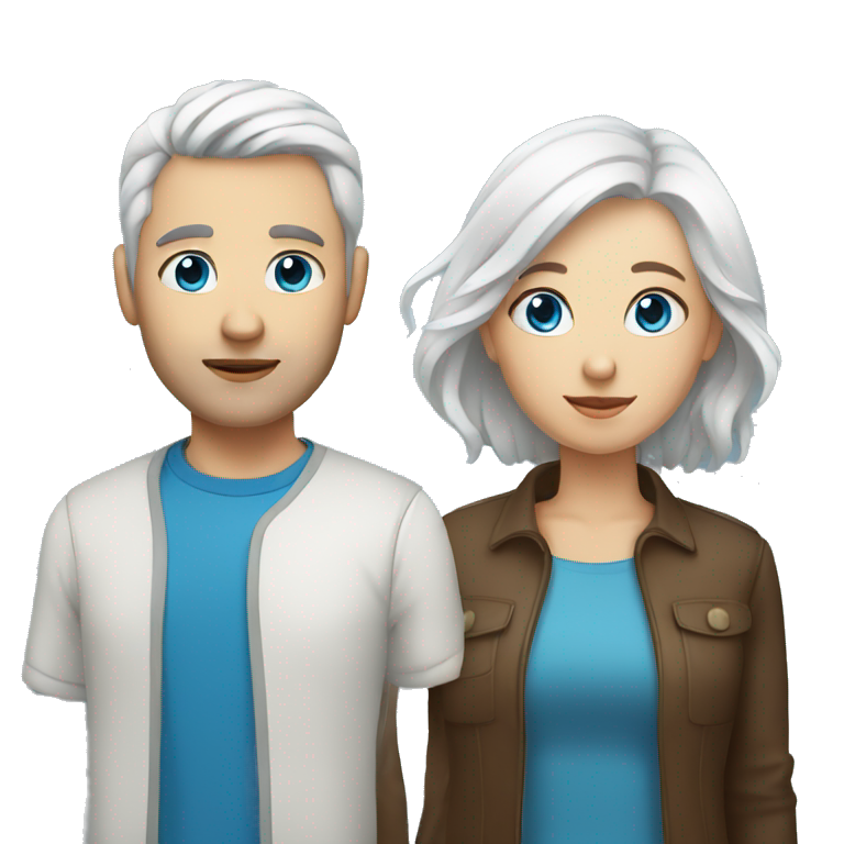 Woman with brown hair and man with white hair both with blue eyes emoji