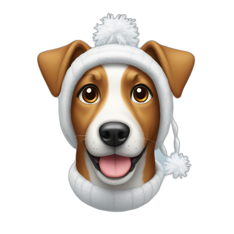 A dog smiling wearing a snow hat emoji