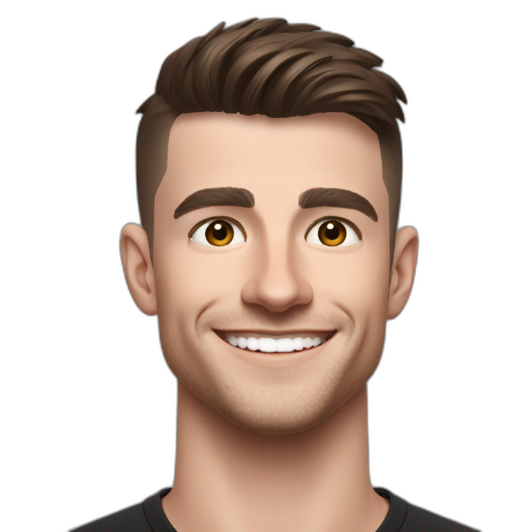Mason mount 30 year old American Silicon Valley UX designer smiling with stubble in a black tshirt with broad shoulders profile photo hair fade undercut emoji