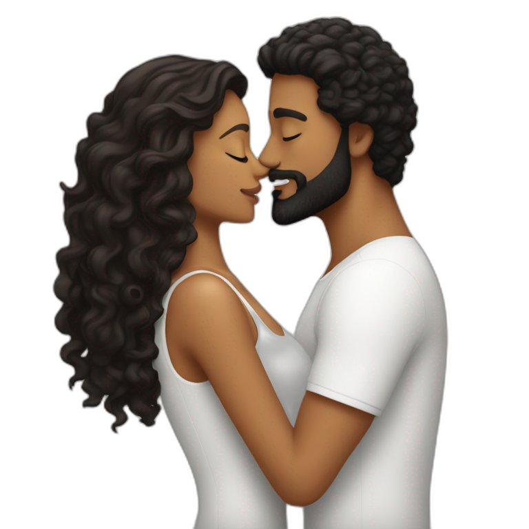 Brown man with a smooth black hair and a black beard kissing a White woman with long brown curly hair emoji