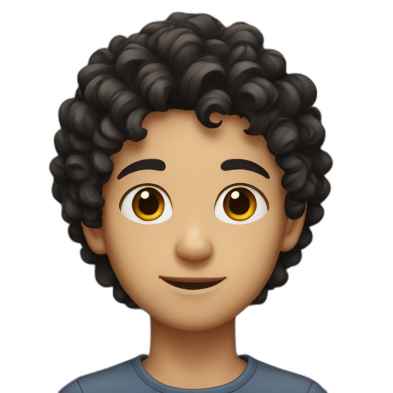 Boy has a brown eyes and black hair curly  emoji