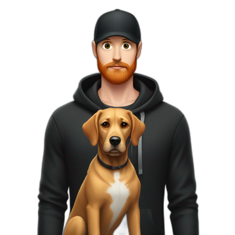 a handsome, slender man in a black cap and a hoodie with a hood worn over the cap, sporting a red beard, standing next to a black Labrador dog emoji
