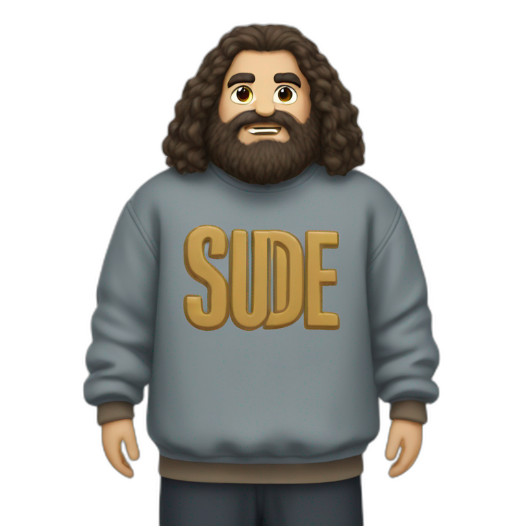 Hagrid wears a Sweatshirt with the word Sude on it emoji