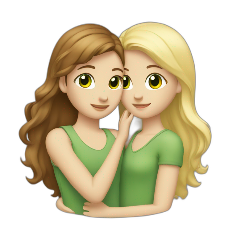 Two girls hugging: one has brown hair and brown eyes, and the other is blonde with green eyes. emoji