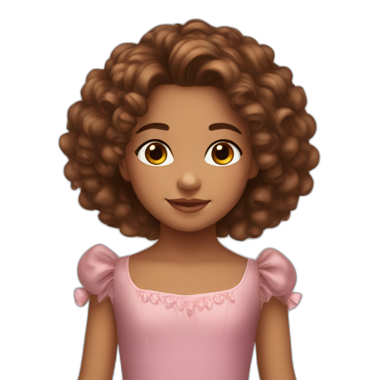 Girl, brown curly long hair, light brown skin, 7 years old, brown round eyes, ballerina costume emoji