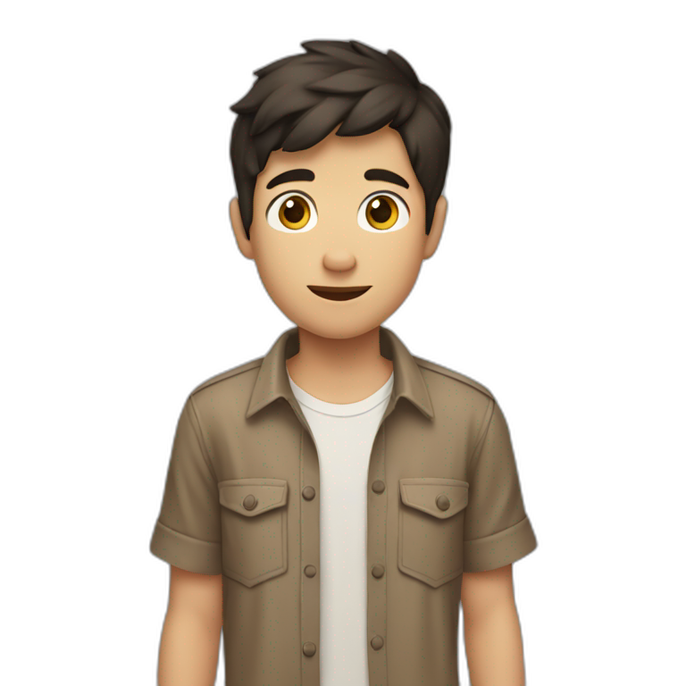 short dark hair white young boy in brown button up shirt with a tshirt under holding an arm in his hand emoji